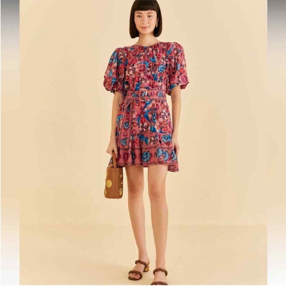 💥 FARM RIO Blush Floral Bird Mini Dress w Belt Sz S - Picture 7 of 13